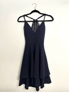 Windsor Navy Lace-Back High-Low Cocktail Dress